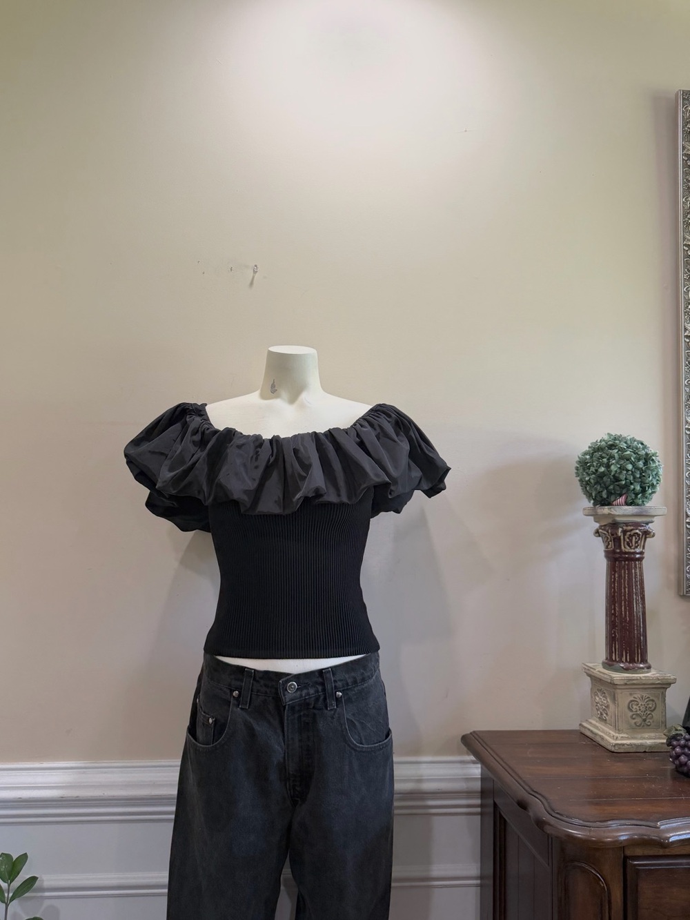 ASTR The Level Off-Shoulder Black Ruffled Knit Top